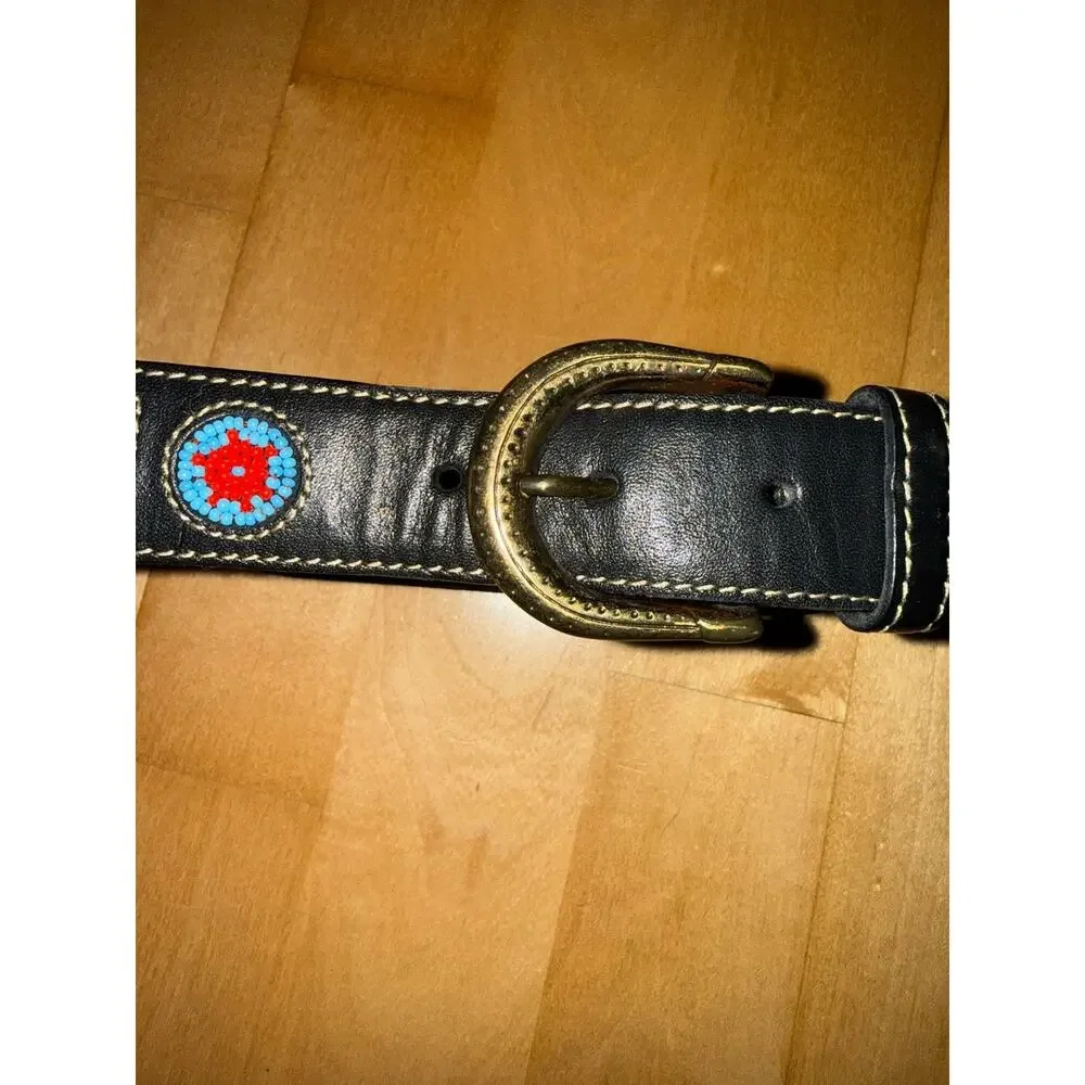 vtg liz claiborne Aztec Beaded Leather Western Belt Dark Brown Black red blue M